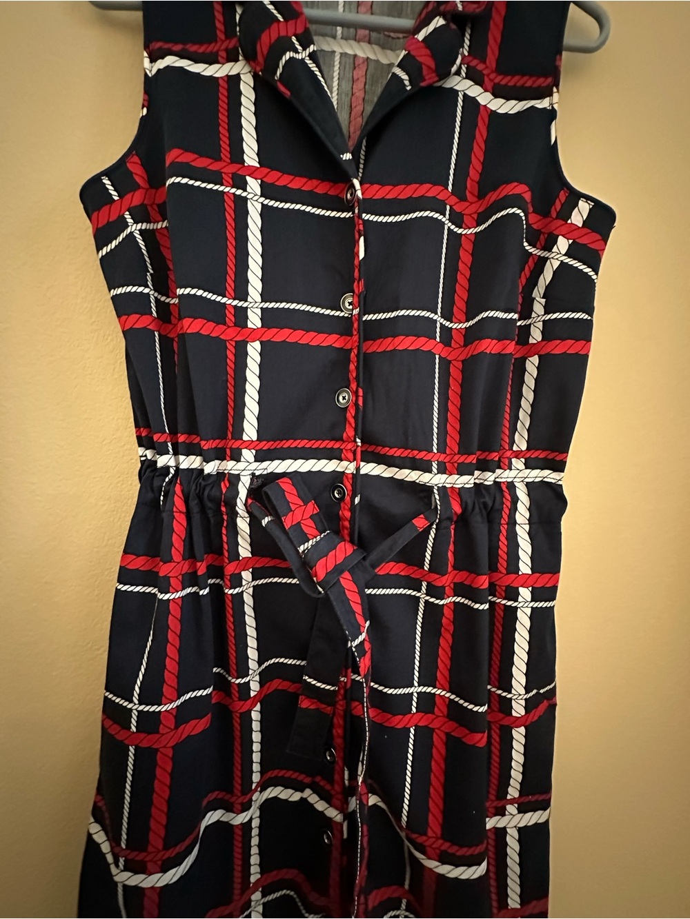 Talbots Navy Sleeveless Plaid Shirt Dress with Red and White Trim - Picture 8 of 16